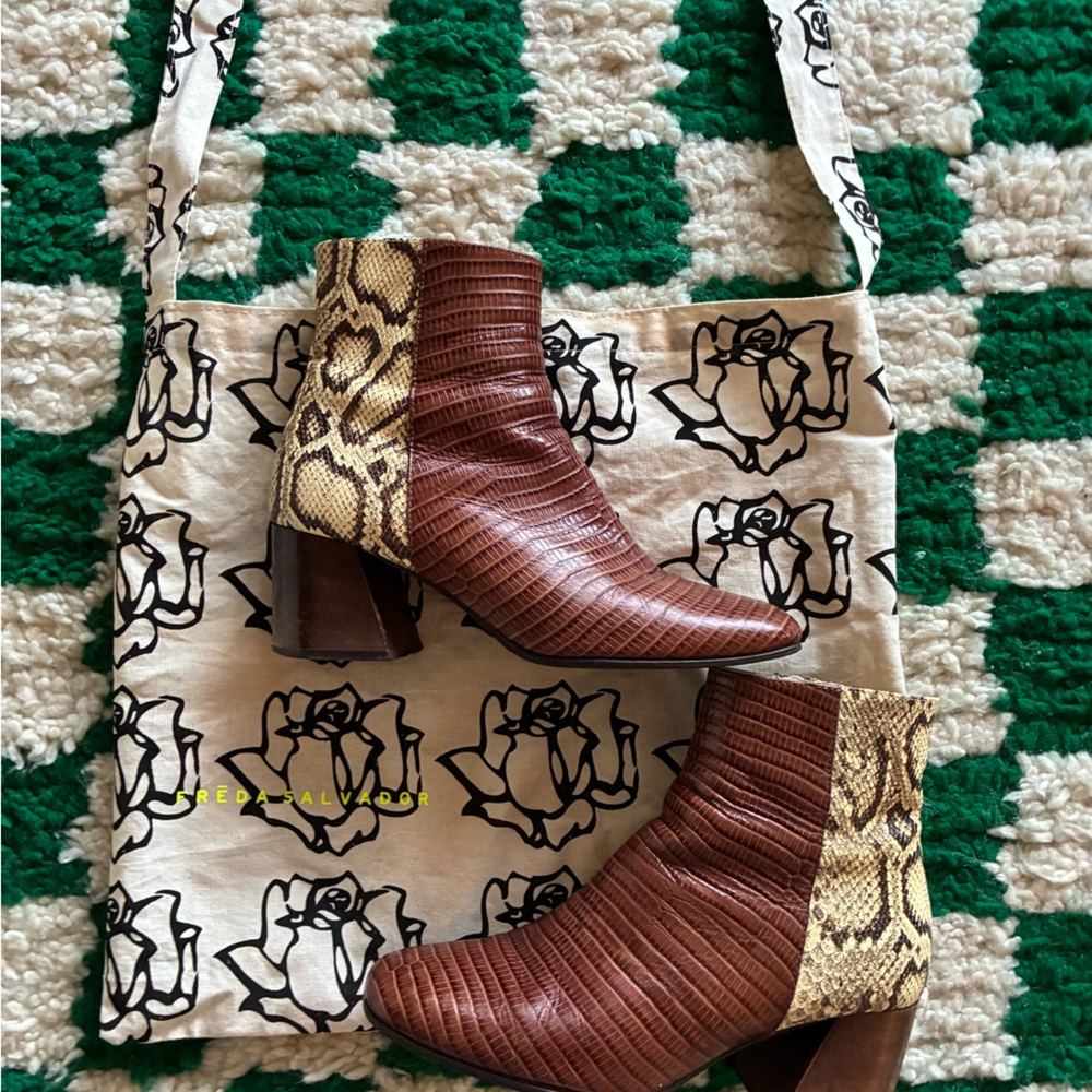 Freda Salvador Charm Snake skin Brown and Tan Ankle Boots with dust bag